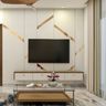 White TV Unit Design with Floating Drawers and Geometric Backdrop