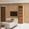 Contemporary White TV Unit Design with Golden Slat Panels and Glass Display Cabinet