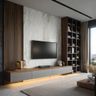 Grey and Walnut TV Unit Design with Floating Console and Marble Backdrop