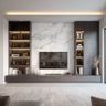 Grey and Bronze TV Unit Design with Marble Wall Panel and Backlit Shelving