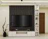 White and Grey TV Unit Design with Paneled Backdrop and Open Display