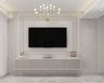 Grey and White TV Unit Design with Fluted Panels and Floating Console Storage