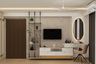 White and Acacia TV Unit Design with Ladder Shelf and Backlit Mirror