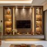 Contemporary TV Unit Design with Geometric Wood Panels and Glass Display Cabinets