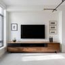 Contemporary TV Unit Design with Walnut Black Panels and Open Display Shelves