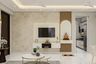 Modern White and Walnut TV Unit Design with Integrated Pooja Niche