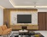 Contemporary Wood TV Unit Design with Marble Slab Backdrop and Floating Oak Console