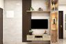 Contemporary TV Unit Design with Glass Display Cabinets and Vertical Wood Slats