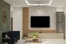 Modern TV Unit Design with Vertical Wood Fins and Marble Pattern Wall