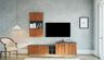 Wood and Grey Transitional TV Unit Design with Upper Display Shelves