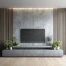 Grey TV Unit Design with Concrete Finish Drawers and Tall Vertical Slats
