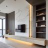 Marble-Backed Acacia and Oak TV Unit Design with Floating Storage and Lighting