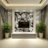 Stone-Backlit Floral Wallpaper TV Unit Design with Floating Drawers and Shelves