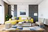Contemporary Living Room Design With Yellow Coloured Sofa - Livspace