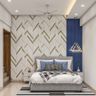 Chevron Patterned Bedroom Wallpaper With A Contrasting Blue Wallpaper - Livspace