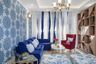 Living Room Design with Blue Sofa and Blue Designer Wallpaper