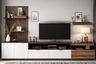Traditional TV unit design in brown & white tone with open storage - Livspace