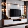 Modern white & brown TV unit design with open wall shelf unit - Livspace