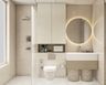Minimal Cream Bathroom Vanity with Round Backlit Mirror - Livspace