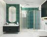 Art Deco-inspired bathroom with dark green, white, and grey tiles, dark green oval wall tile focal point, and golden frame oval mirror. - Livspace