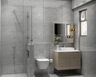 Modern bathroom with grey tiles, wall-mounted wooden vanity unit, and rectangle mirror with backlight. - Livspace