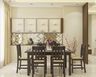 Contemporary dining room with beige and wood 6-seater table and crockery unit with beveled mirror back panel. Ideal for medium-size families. - Livspace