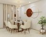 White And Beige 6-Seater Dining Room Design With White And Gold Panelling For The Wall - Livspace
