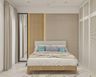 Modern Guest Bedroom with Queen Bed, Irish Cream Textured Wallpaper, White Wardrobe, and Decorative Wall Art - Livspace