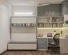 Grey And White Spacious Home Office Design With L-Shaped Tabe, Large Seater And A Wall-Mounted Shelf For Books - Livspace
