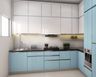 L-shaped kitchen design with blue cabinets