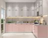 L-shaped kitchen design with pink cabinets
