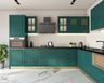 L-shaped kitchen design with green cabinets