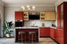 Island kitchen design with patterned wallpaper