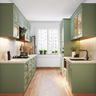 Parallel kitchen design with green cabinets