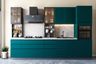 Straight kitchen design teal green cabinets