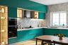 L-shaped kitchen design with green cabinets