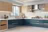 L-shaped kitchen design with blue cabinets