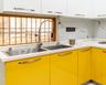 Stainless Steel Modern Basin Wash With Double Bowl And Yellow Kitchen Cabinets - Livspace