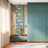 Wall-mounted pooja unit design with Mare Cinereo finish, drawer and lotus motif wall panel - Livspace
