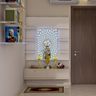 Compact Mandir Design With White Drawer Storage And Blue Backlit Om Mandala - Livspace