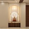 Modern mandir in Sandy Fossil, backlit Om mandala, 4-drawer wooden storage unit. - Livspace