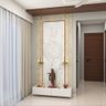 Sleek and modern pooja room with frosty white base unit, wall-mounted design, and marble wall panel. - Livspace