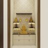 Champagne-Toned Floor-Mounted Mandir Design With Wall-Mounted Wooden Shelves And Beige Wallpaper - Livspace