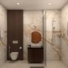 Traditional bathroom design with vanity, cream marble tiles, round mirror, glass shower partition - Livspace