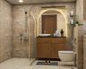 Bathroom design with cream tile finish, arched mirror, vanity, and glass shower partition - Livspace
