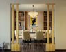 Traditional dining room with 6-seater table, yellow chairs, drop lights - Livspace