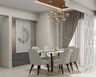 Modern dining room design with 6-seater dining table, chairs, drop lights, and pooja room - Livspace