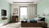 Guest bedroom design with green textured wallpaper