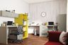 Contemporary home office design with acacia desk, open storage, and mocca wall storage - Livspace