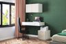 Modern home office design white desk, overhead storage, and green accent wall - Livspace